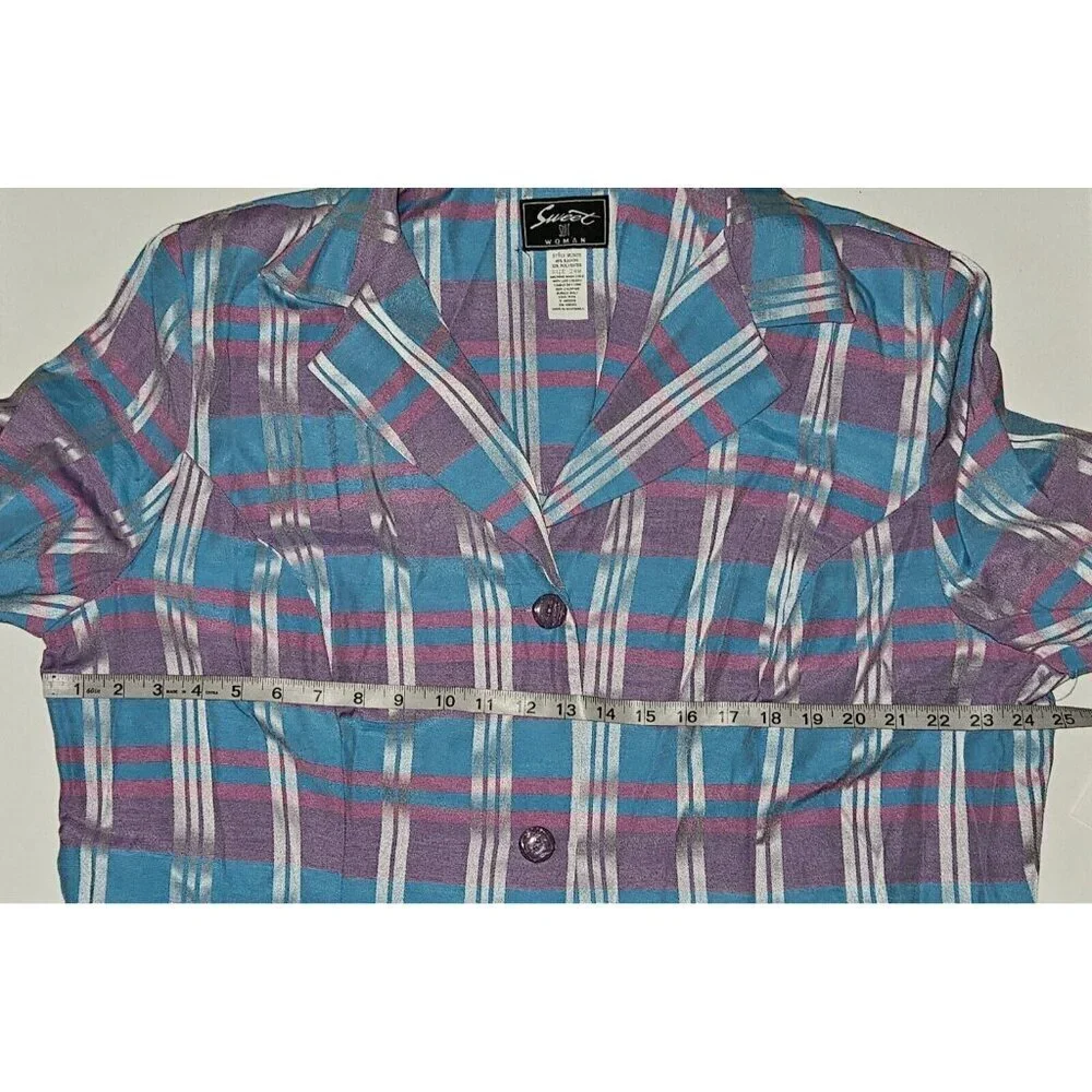 NEW VTG Sweet Suit Woman Blue Purple Plaid Blazer Jacket Size 24W Short-Sleeves